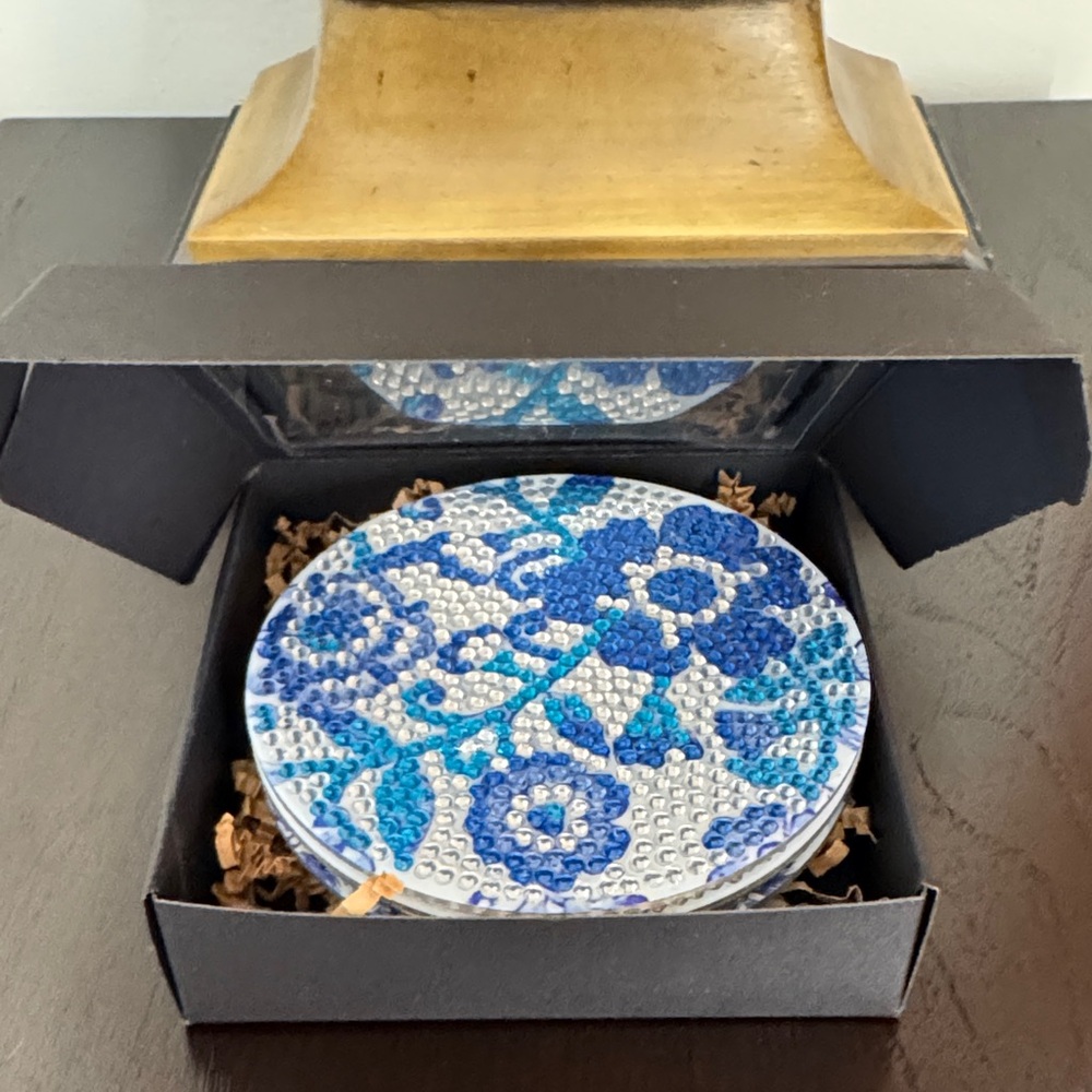 Handcrafted Blue Floral Diamond Art Acrylic Coasters - Set of 4 - Picture 5 of 6